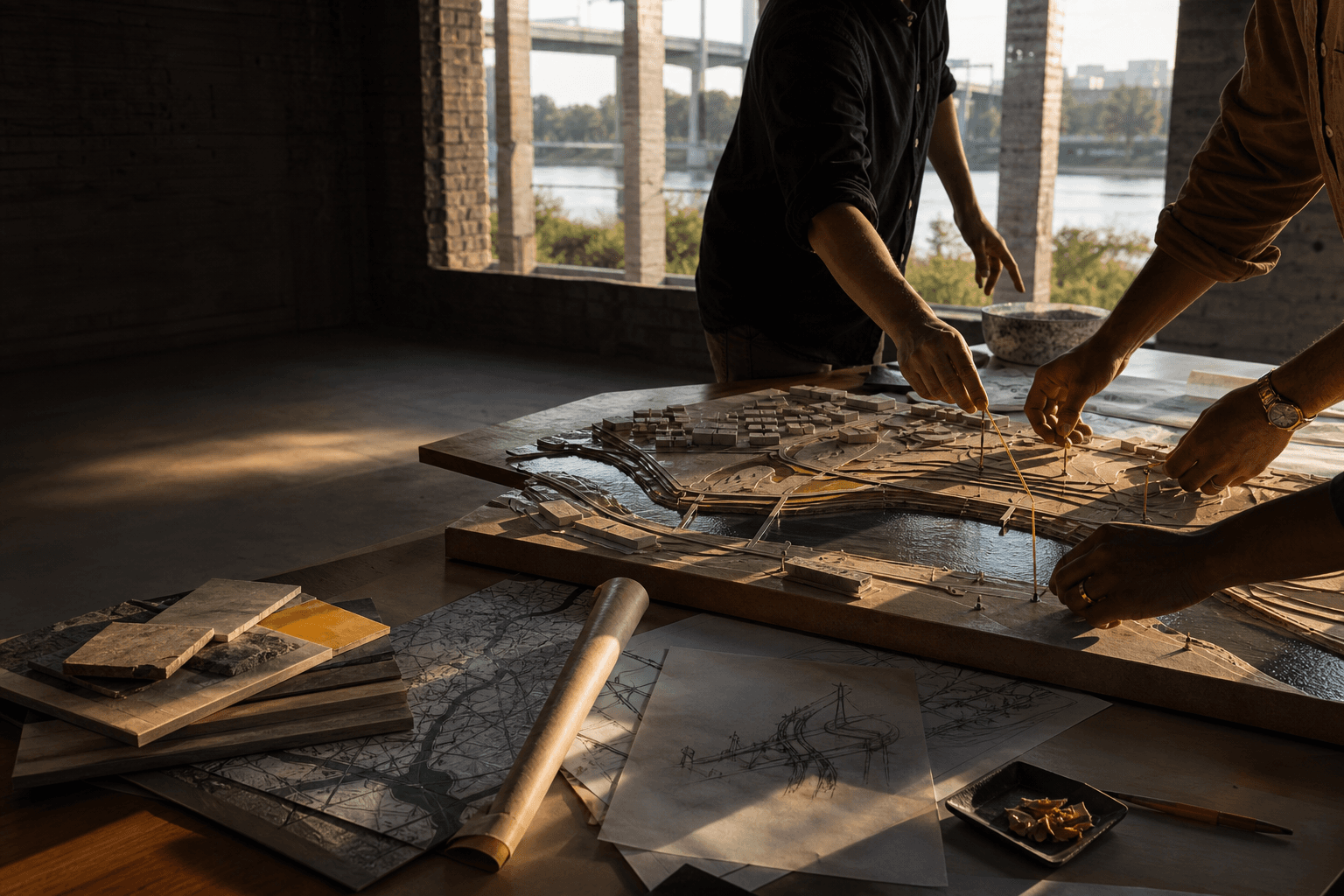 A team mapping a physical-world venture around an architectural model