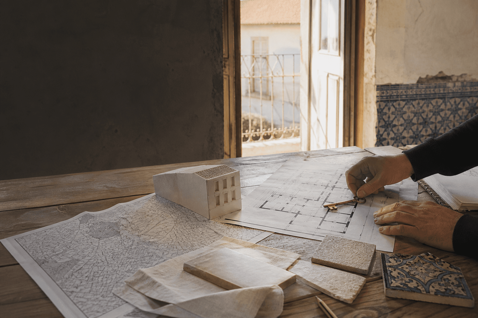 Architectural plans, a house model and a key inside a Portuguese property