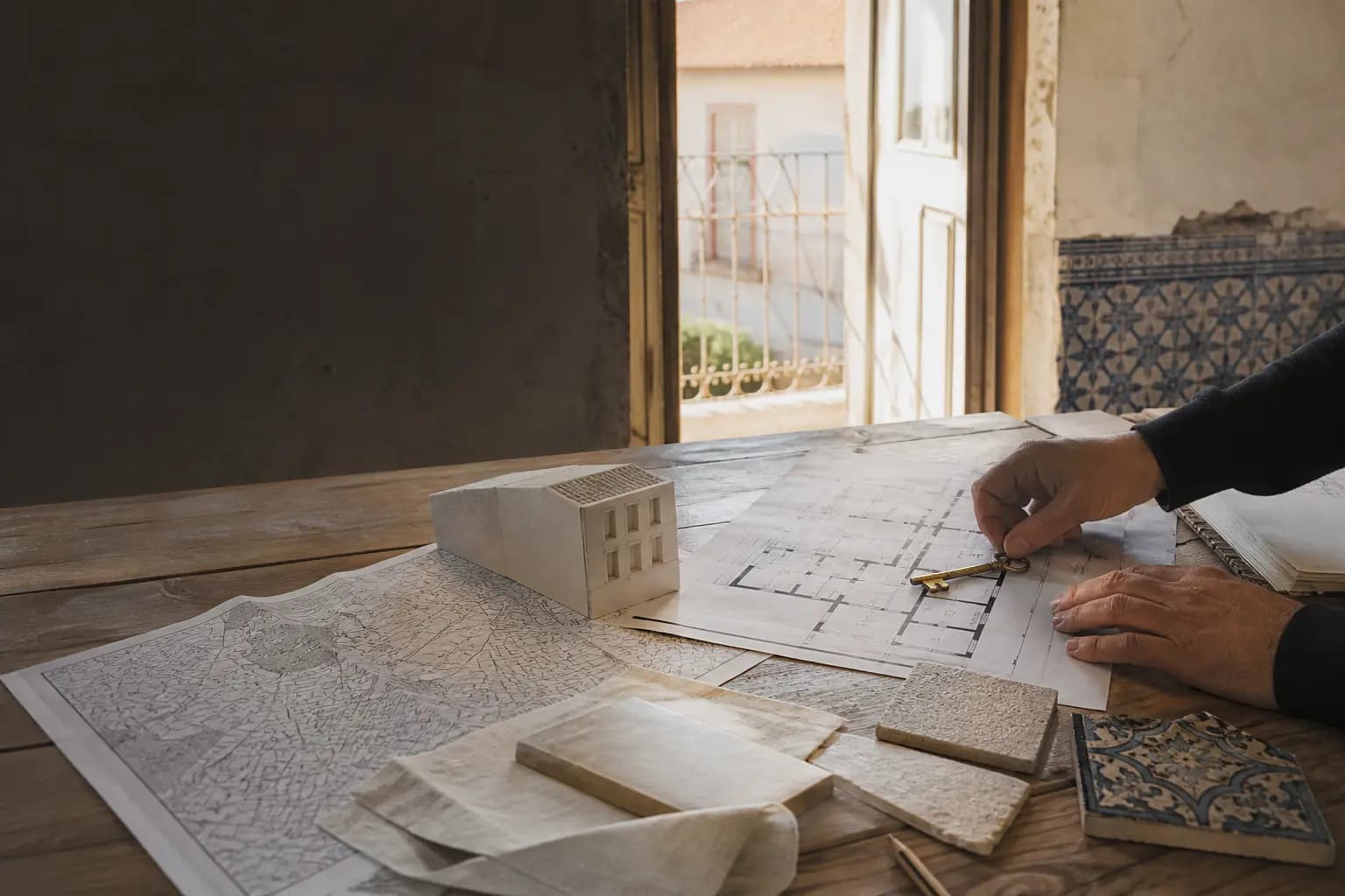 Architectural plans, a house model and a key inside a Portuguese property