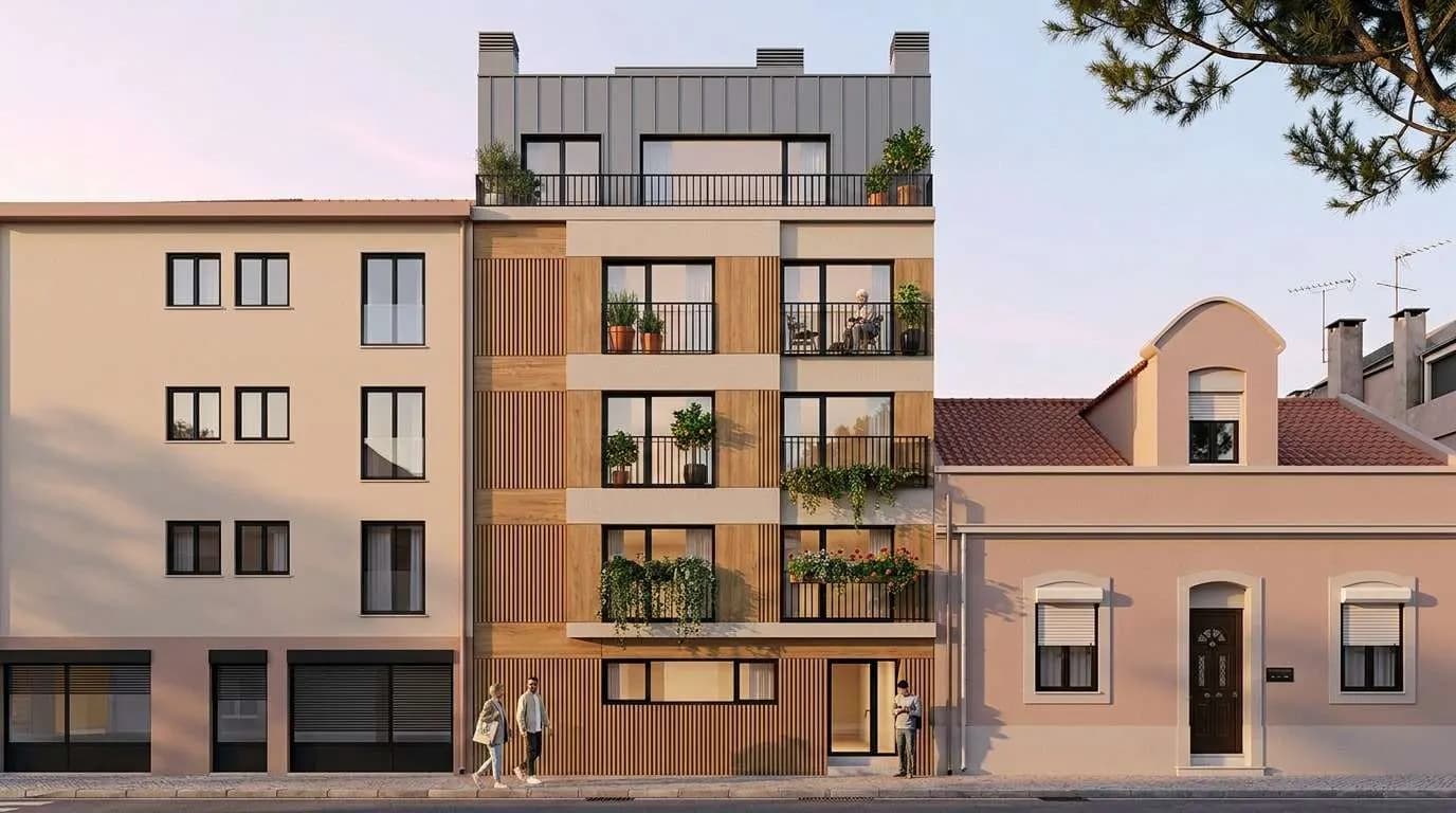 Architectural render of the Arena building: a five-storey facade with timber slats and planted balconies between two older houses in Barreiro