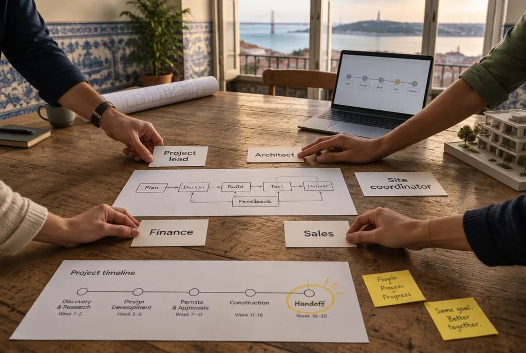 Hands arranging role cards for a project lead, architect, site coordinator, finance and sales around a workflow and a project timeline that ends in a handoff