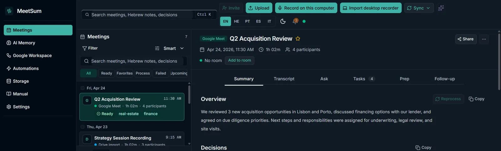 MeetSum meeting workspace with a meeting list, processing pipeline and an AI summary of an acquisition review