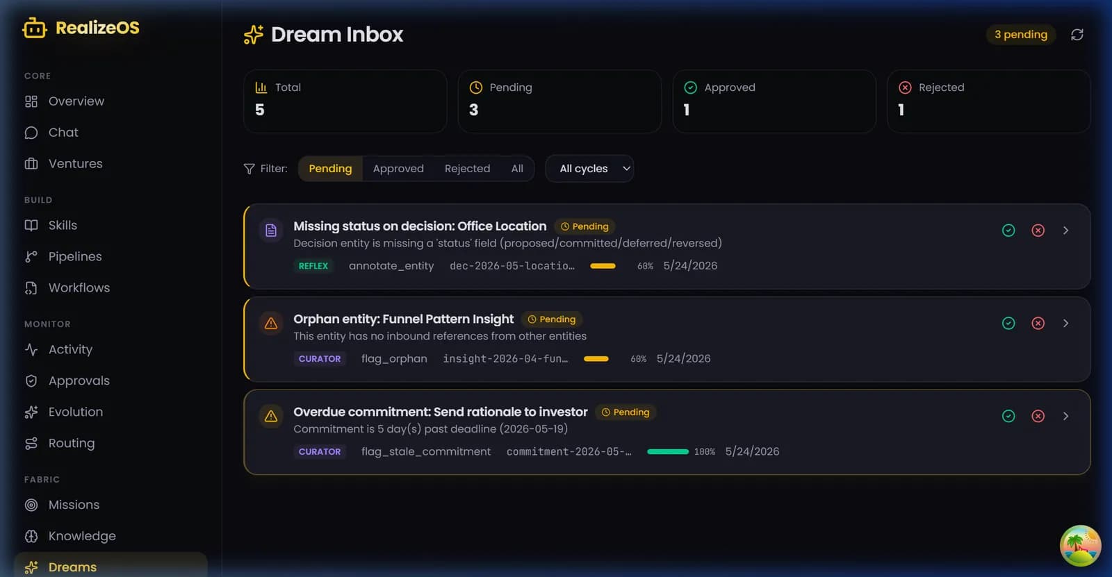 RealizeOS Dream Inbox listing knowledge updates proposed by background agents, each waiting for approval