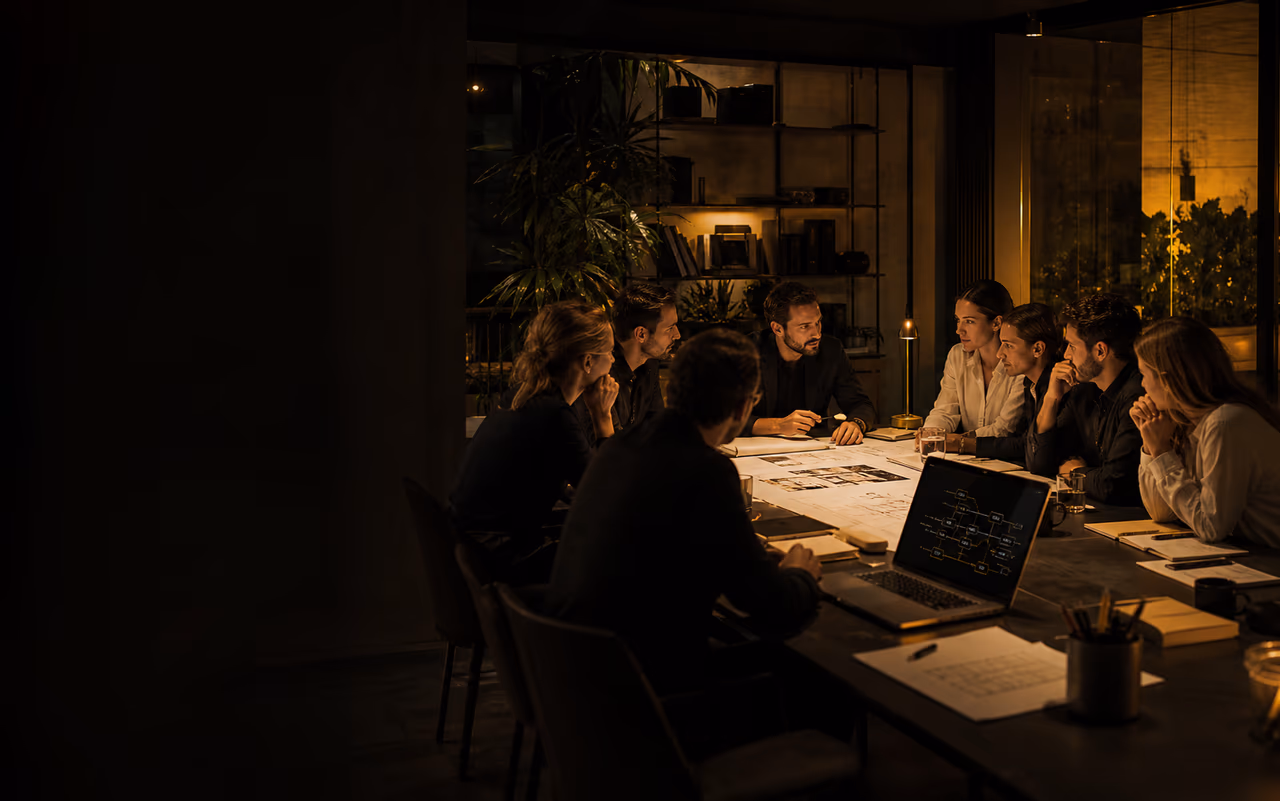 People working around a strategy table in a Realization Live Lab session